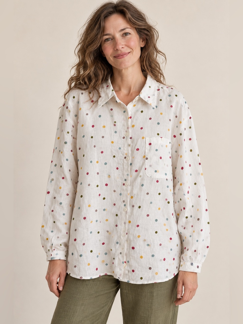 Gudrun Sjoden Linen Polka Dot Button Front Shirt White Multicolor Estimated XL
